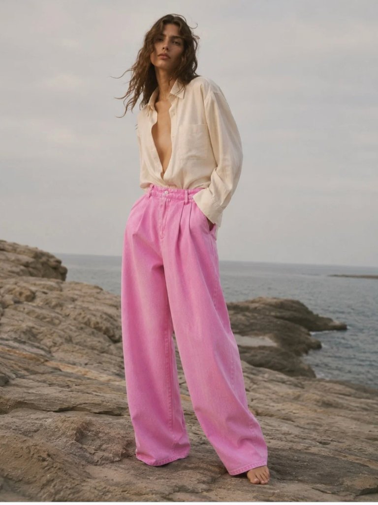 Nwt Avec Les Filles High Waist Wide Leg Jeans Bubble Gum Pink Pleated Sz-30
